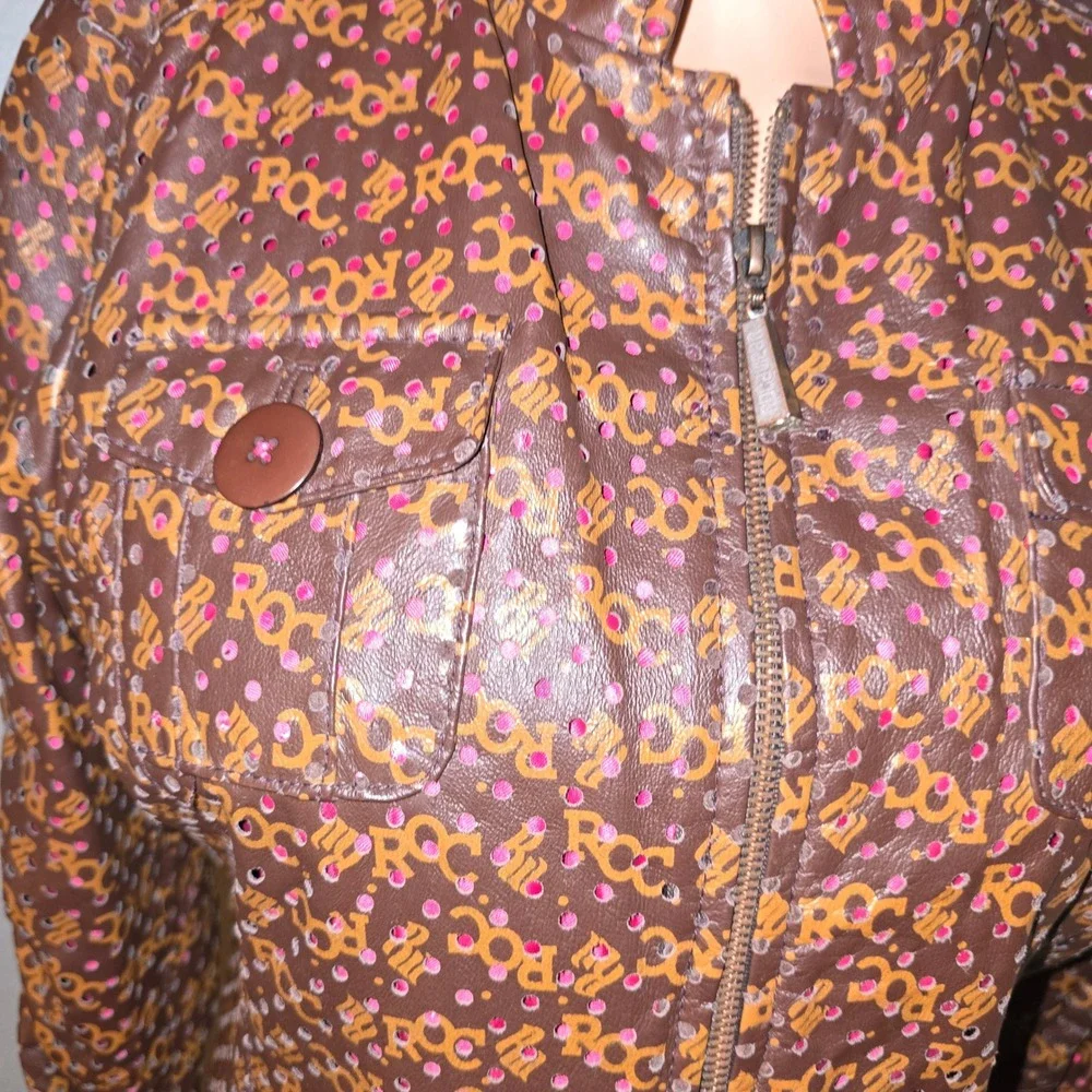 Rocawear Leather Jacket Moto‎ Brown Pink ROC Logo Streetwear Womens Y2K VTG